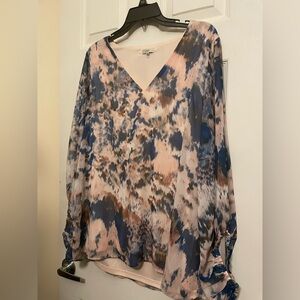 Vince Camuto Blue and Blush V-Neck Watercolor Print Blouse